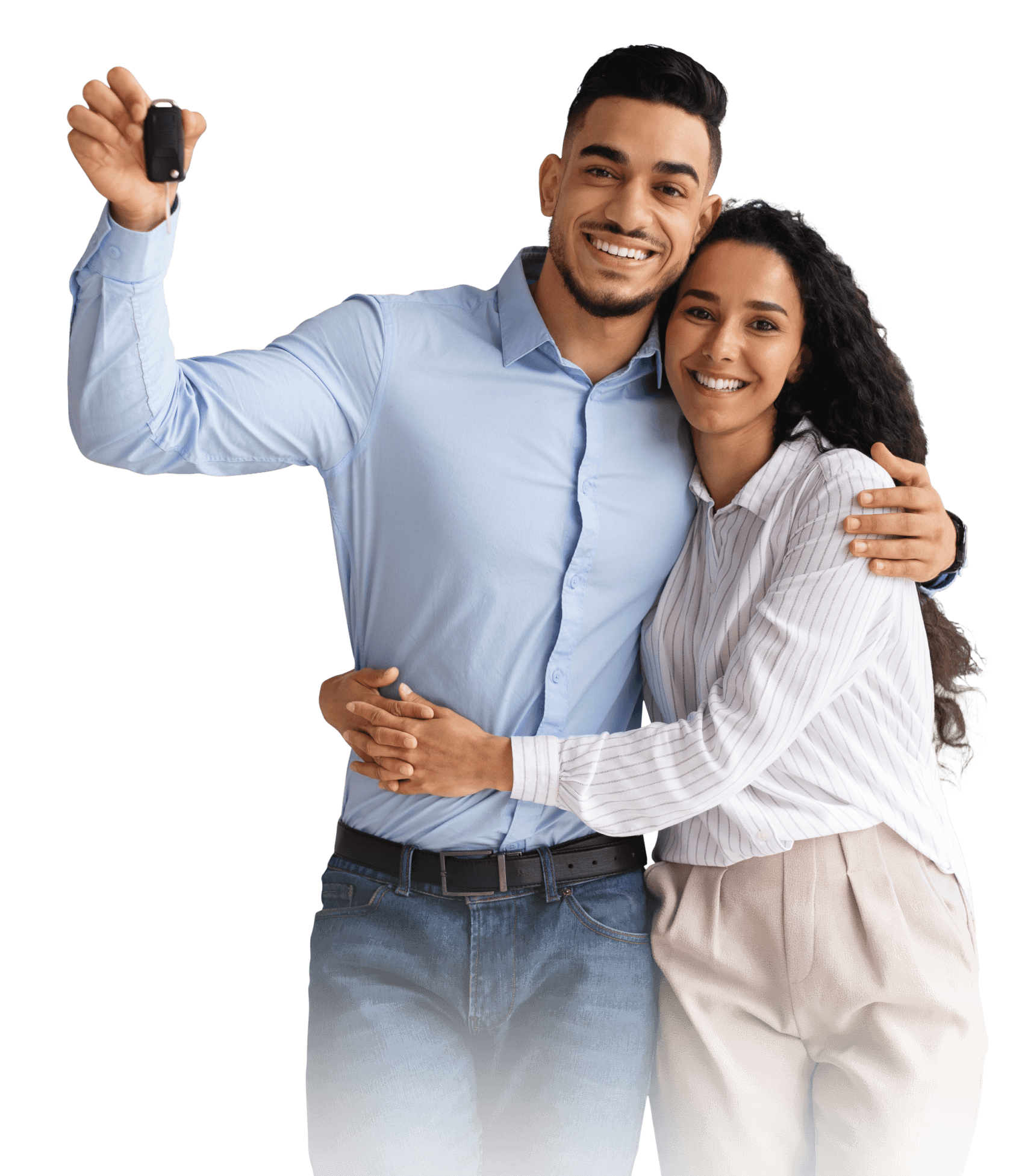 Happy couple holding car keys outside their new vehicle